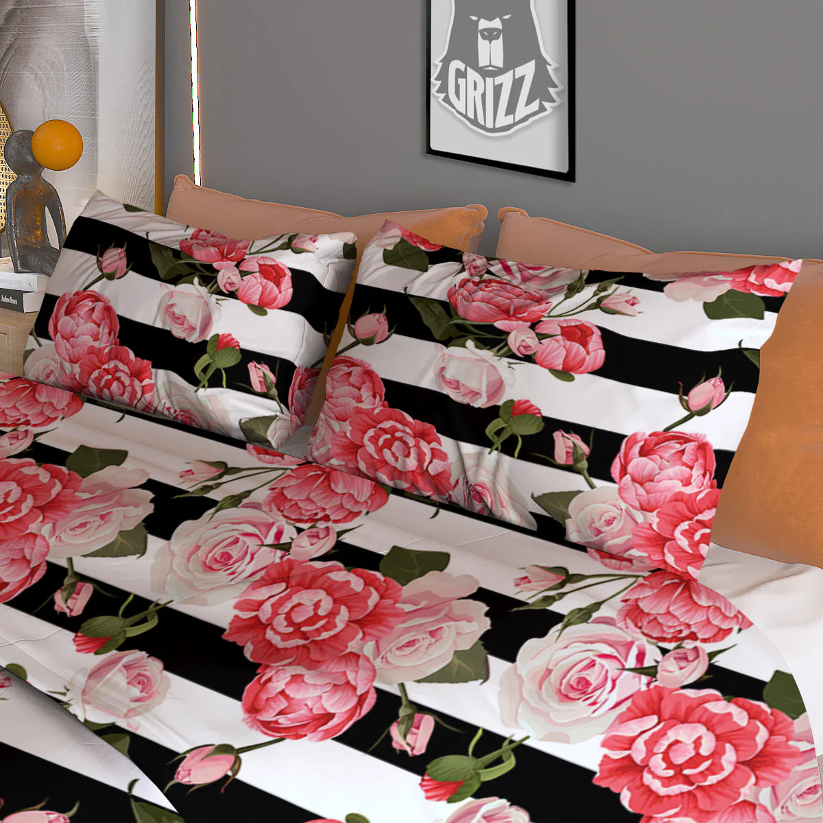 Stripes Peony And Roses Print Pattern Duvet Cover Bedding Set - Image 3