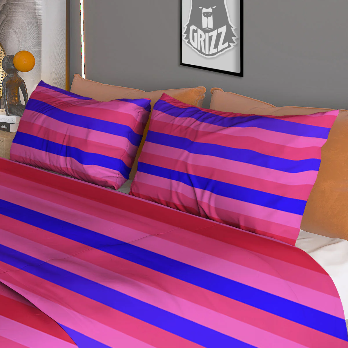 Stripes Pink Red And Blue Print Duvet Cover Bedding Set - Image 3