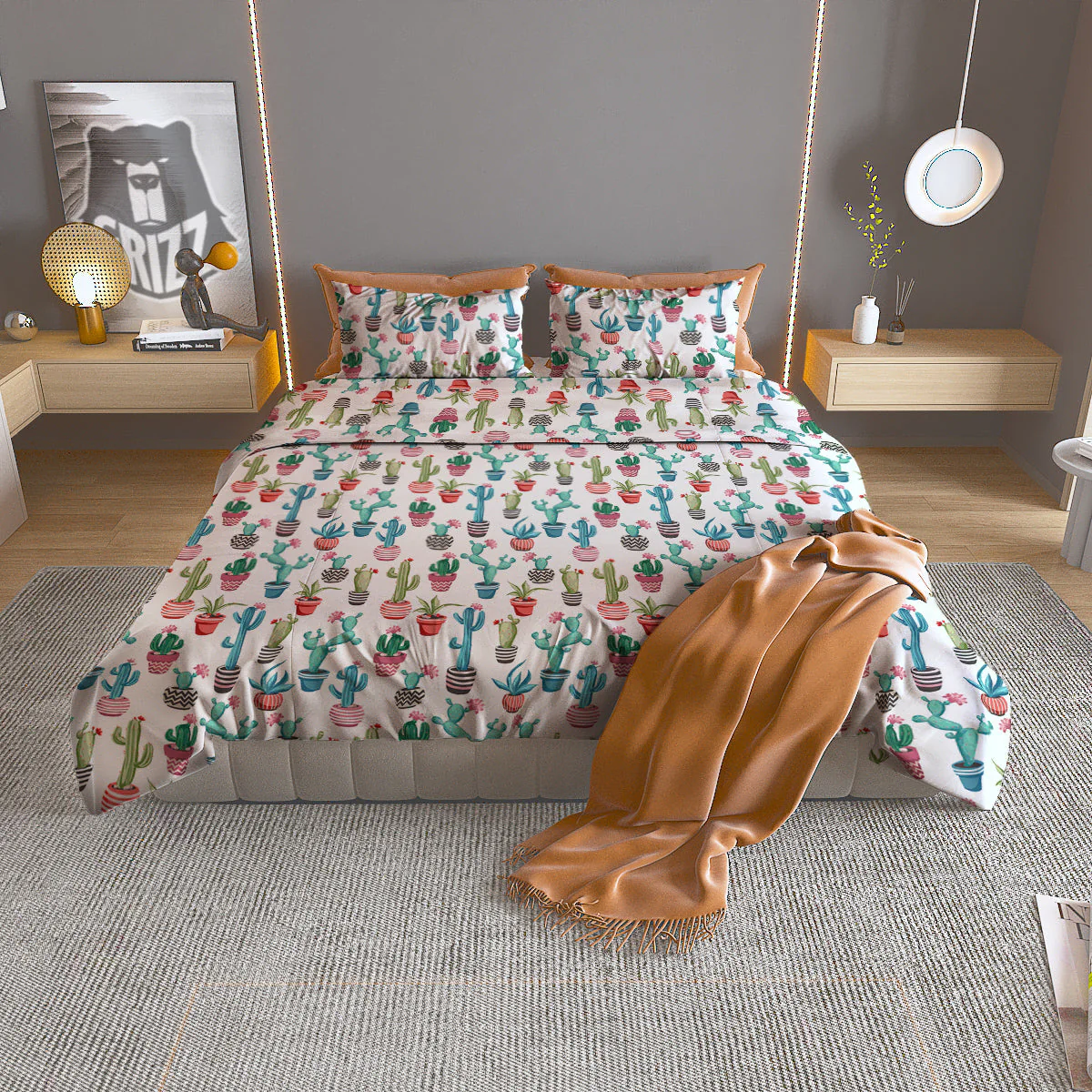 Succulent And Cute Cactus Print Duvet Cover Bedding Set