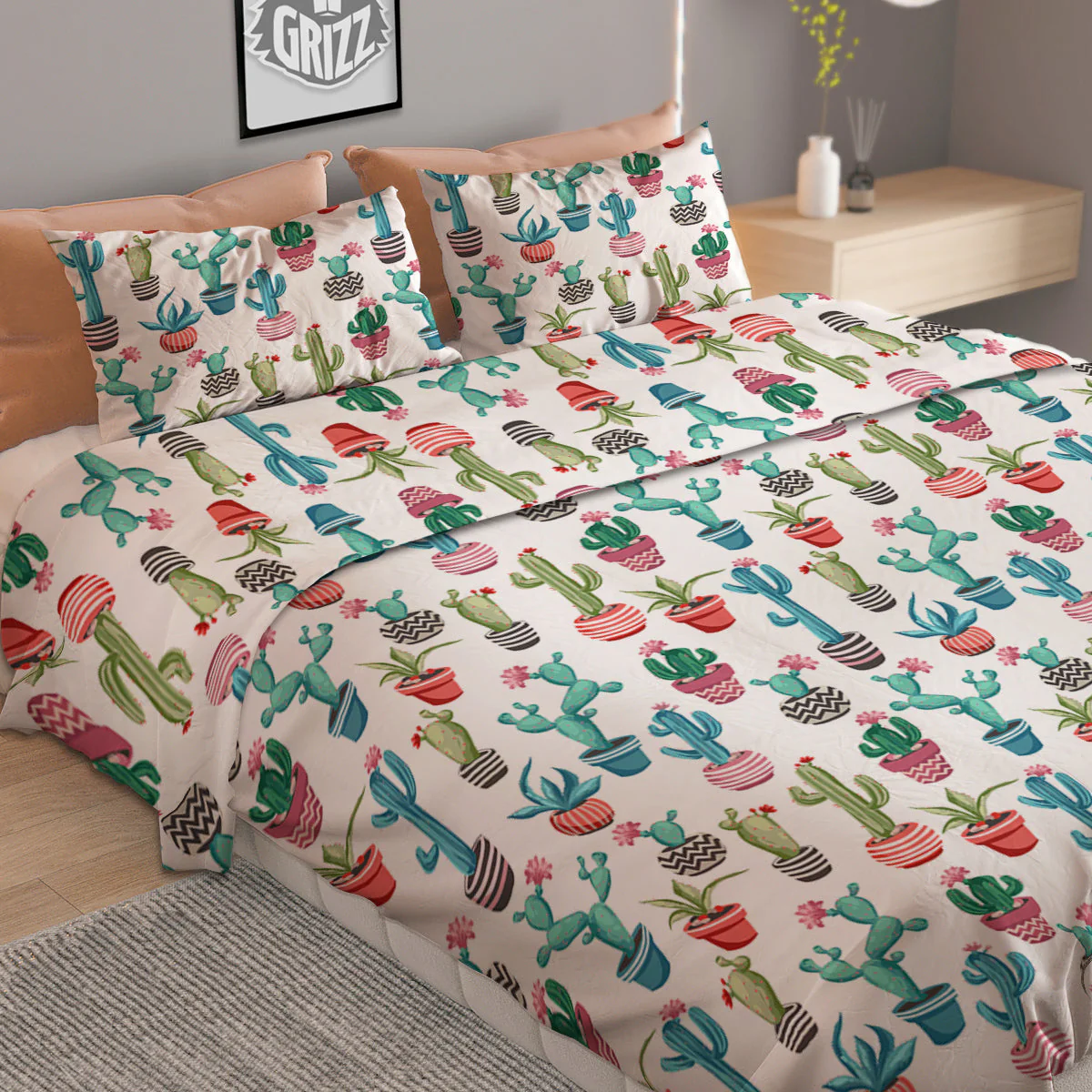 Succulent And Cute Cactus Print Duvet Cover Bedding Set - Image 2