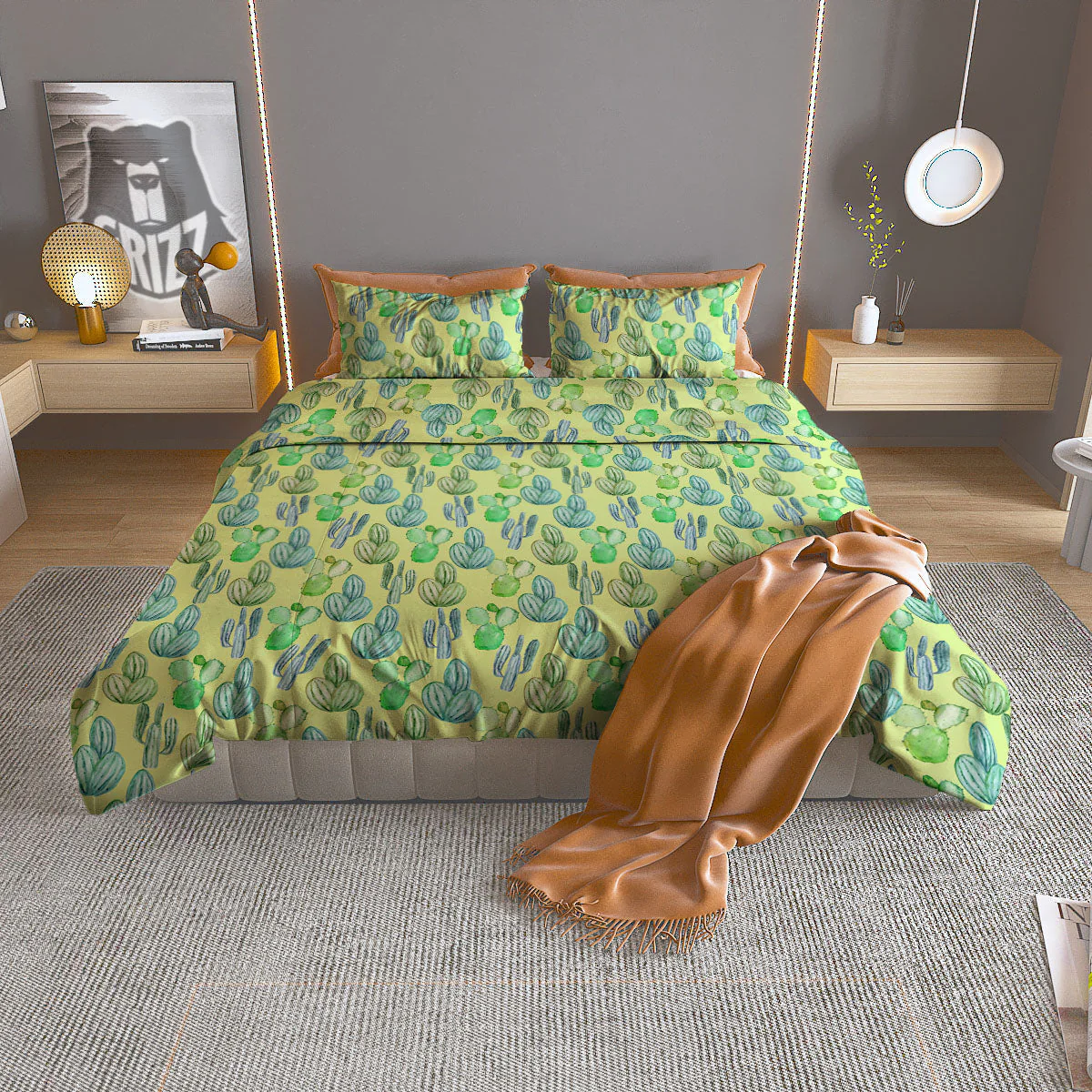 Succulent And Pastel Cactus Print Duvet Cover Bedding Set