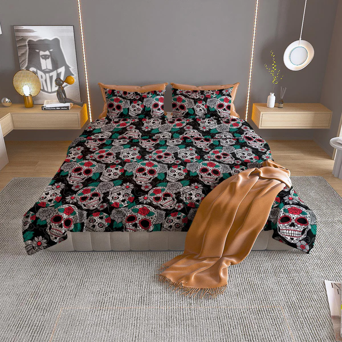 Sugar Skull Rose Floral Print Pattern Duvet Cover Bedding Set