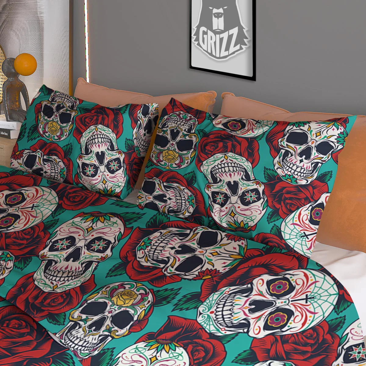 Sugar Skull Rose Flower Print Pattern Duvet Cover Bedding Set - Image 3