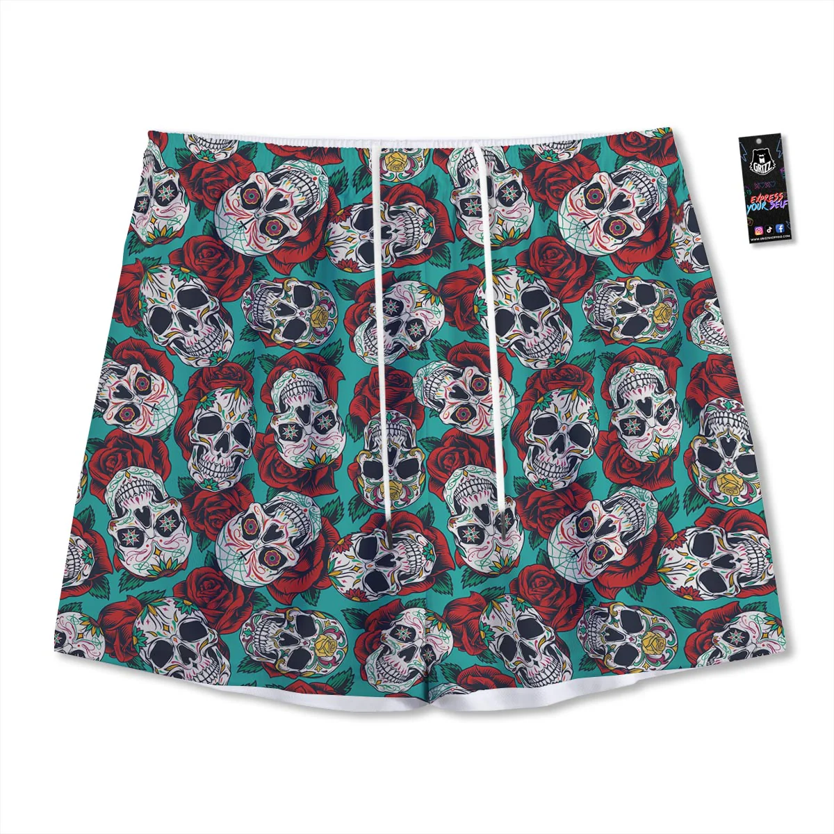 Sugar Skull Rose Flower Print Pattern Mesh Shorts