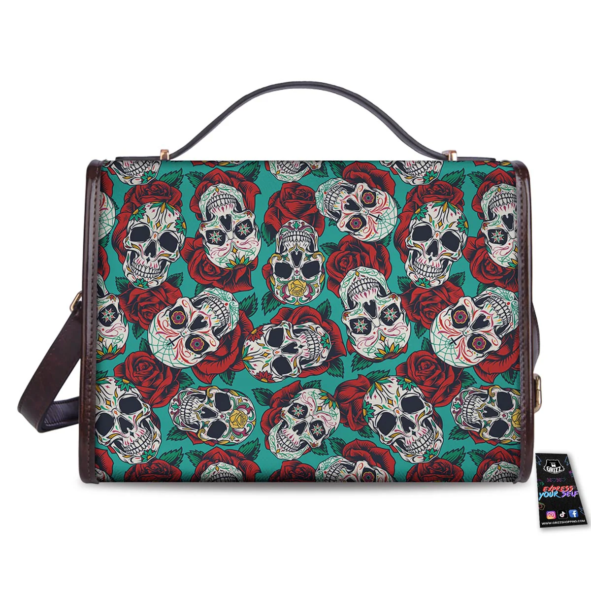 Sugar Skull Rose Flower Print Pattern Women's Satchel Bag - Image 2