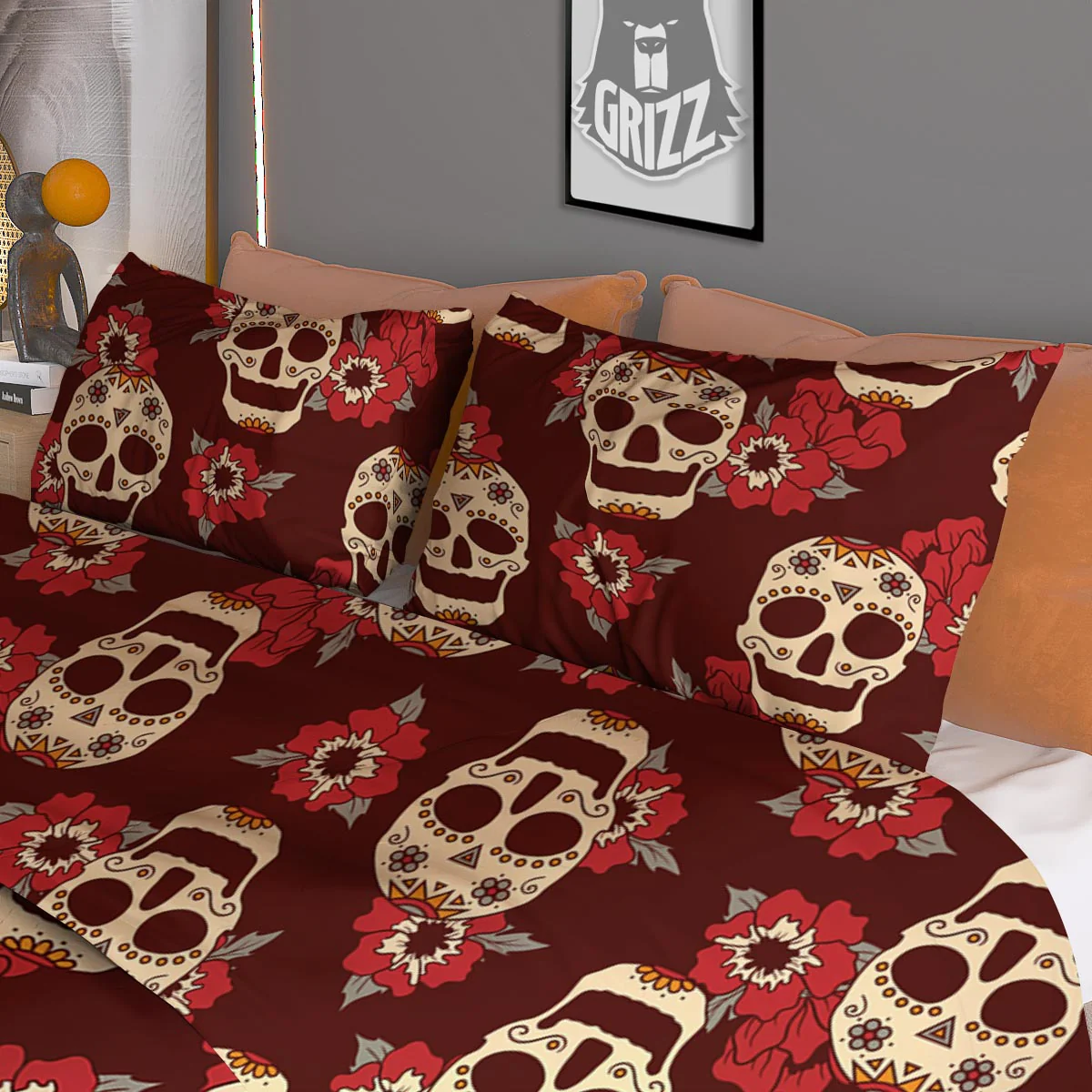 Sugar Skull Rose Print Pattern Duvet Cover Bedding Set - Image 3