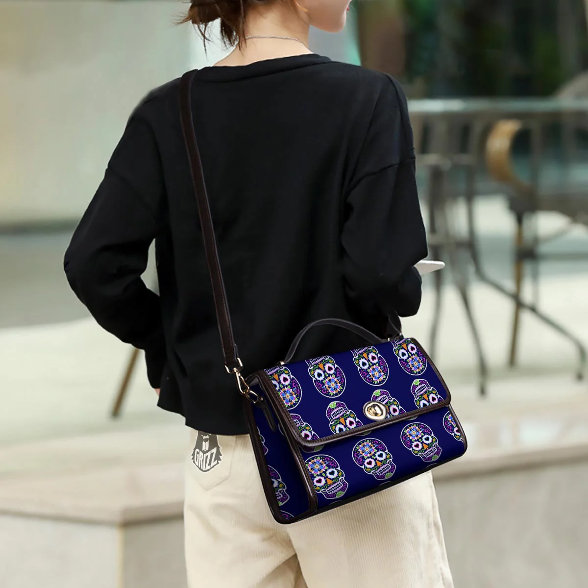 Sugar Skull Teal Pink Print Pattern Women's Satchel Bag - Image 3