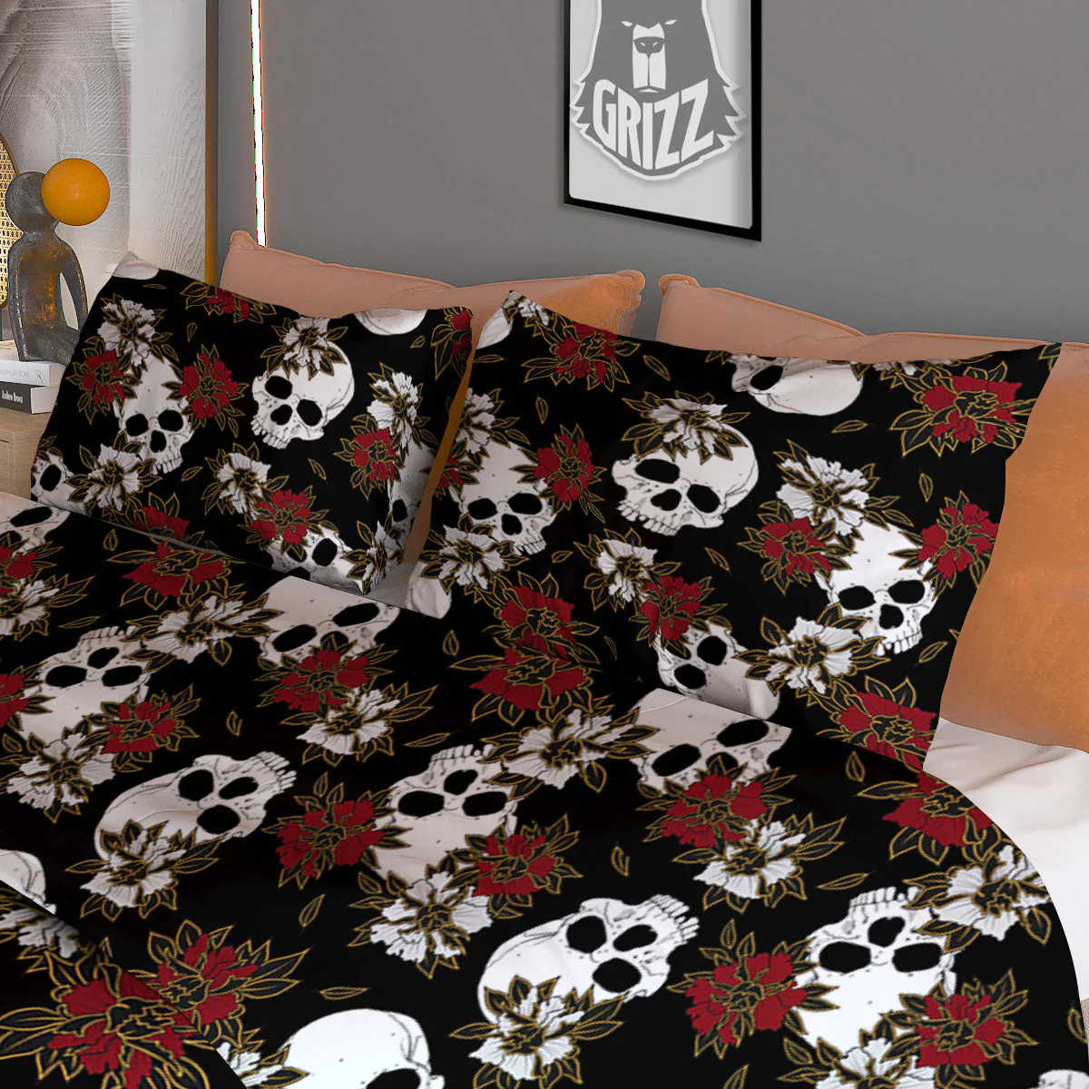 Sugar Skull White And Red Print Pattern Duvet Cover Bedding Set - Image 3