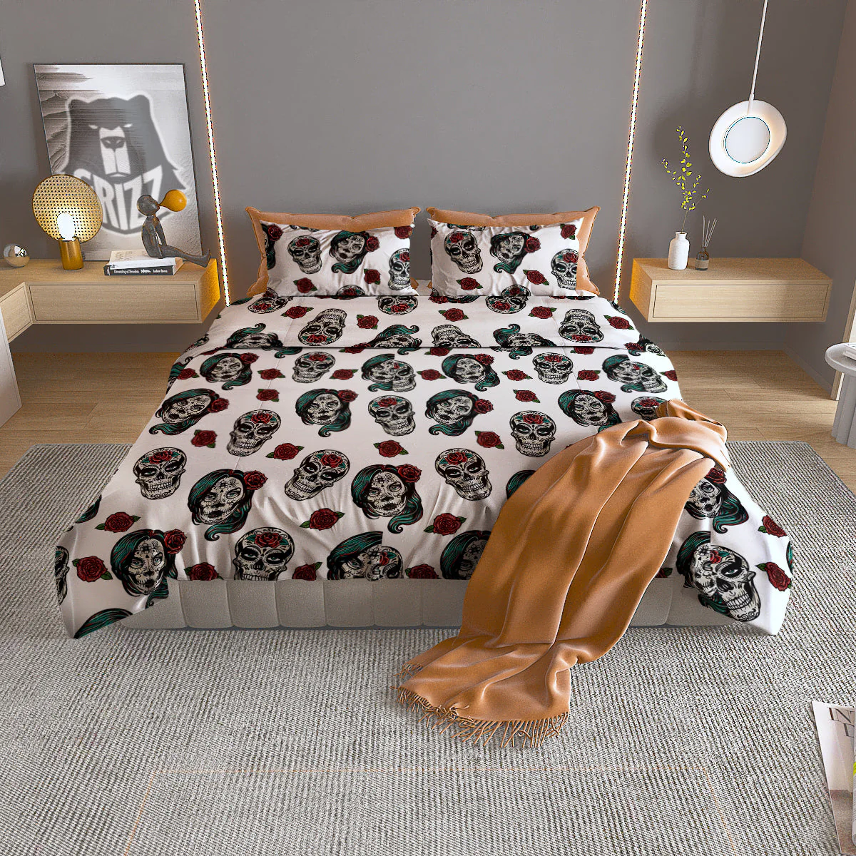 Sugar Skull White Floral Print Pattern Duvet Cover Bedding Set