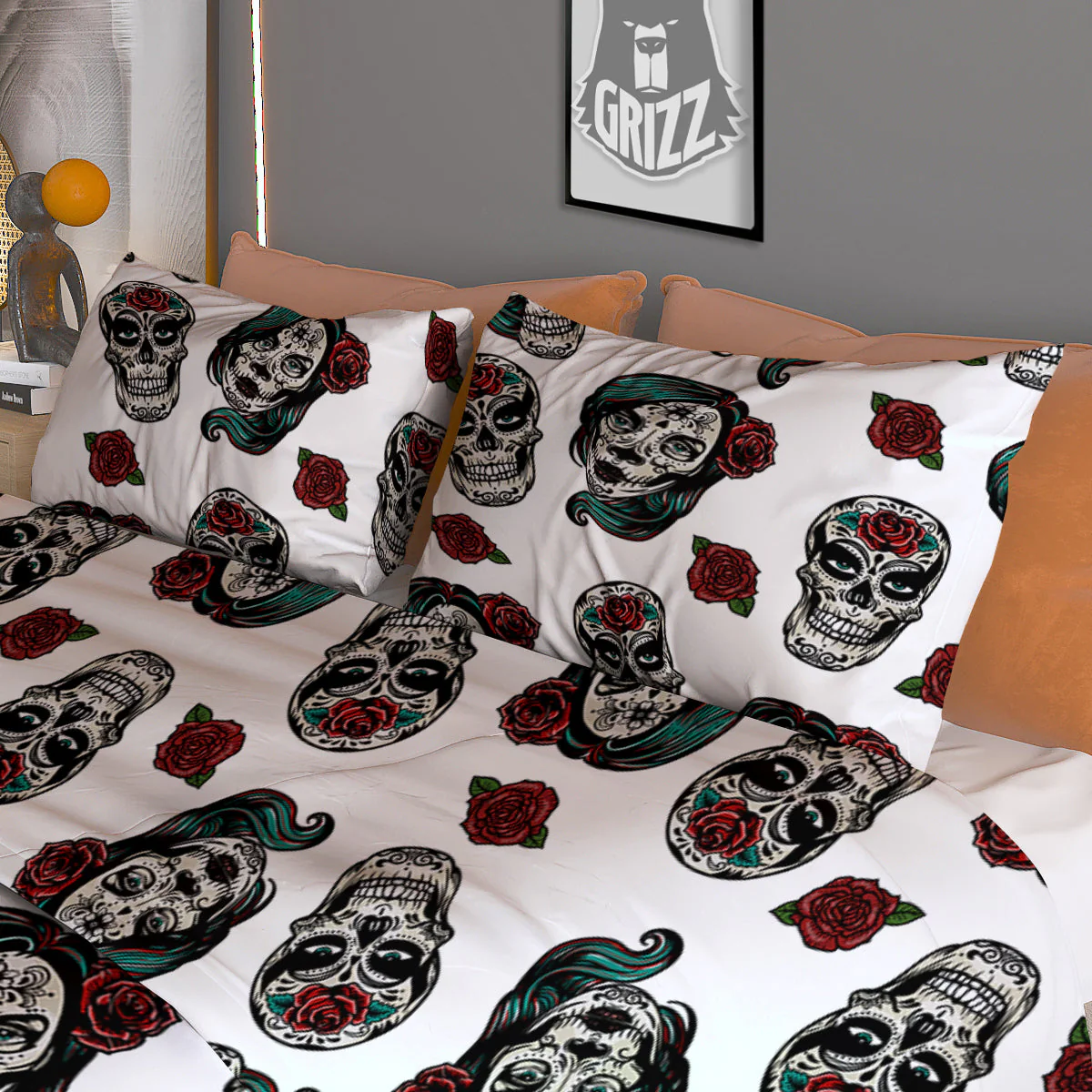Sugar Skull White Floral Print Pattern Duvet Cover Bedding Set - Image 3