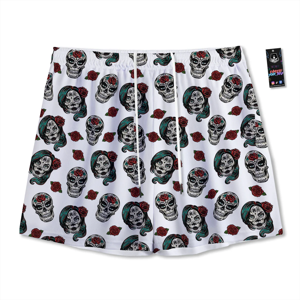 Sugar Skull White Floral Print Pattern Mesh Shorts