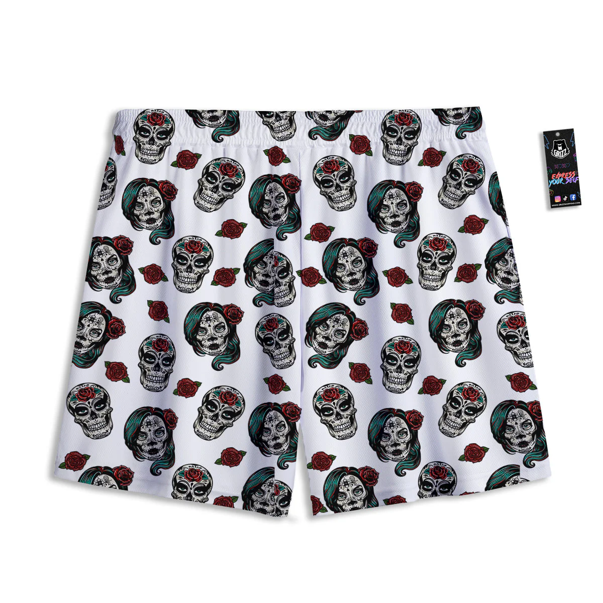 Sugar Skull White Floral Print Pattern Mesh Shorts - Image 2