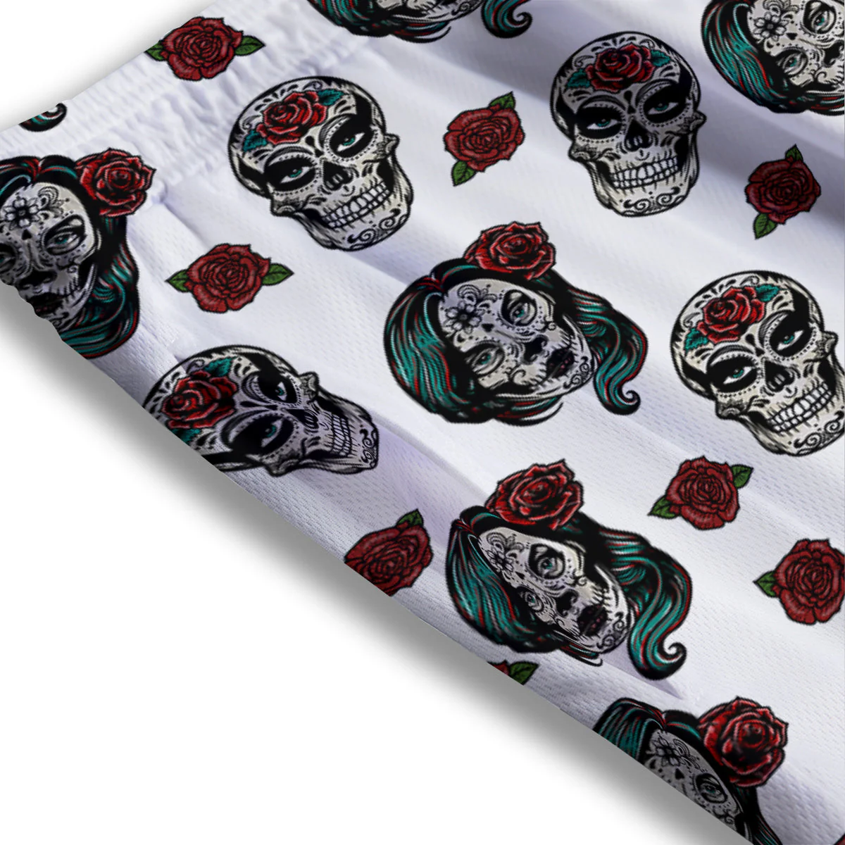 Sugar Skull White Floral Print Pattern Mesh Shorts - Image 3