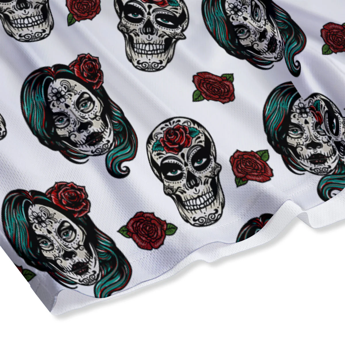 Sugar Skull White Floral Print Pattern Mesh Shorts - Image 4