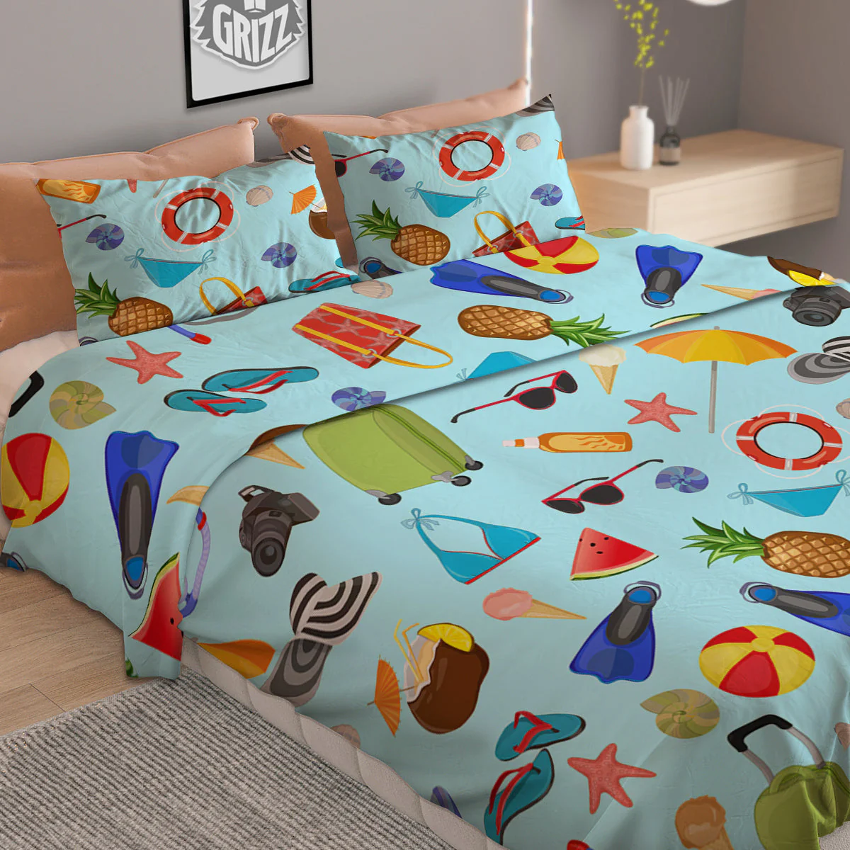 Summer Vacation Travel Print Pattern Duvet Cover Bedding Set - Image 2