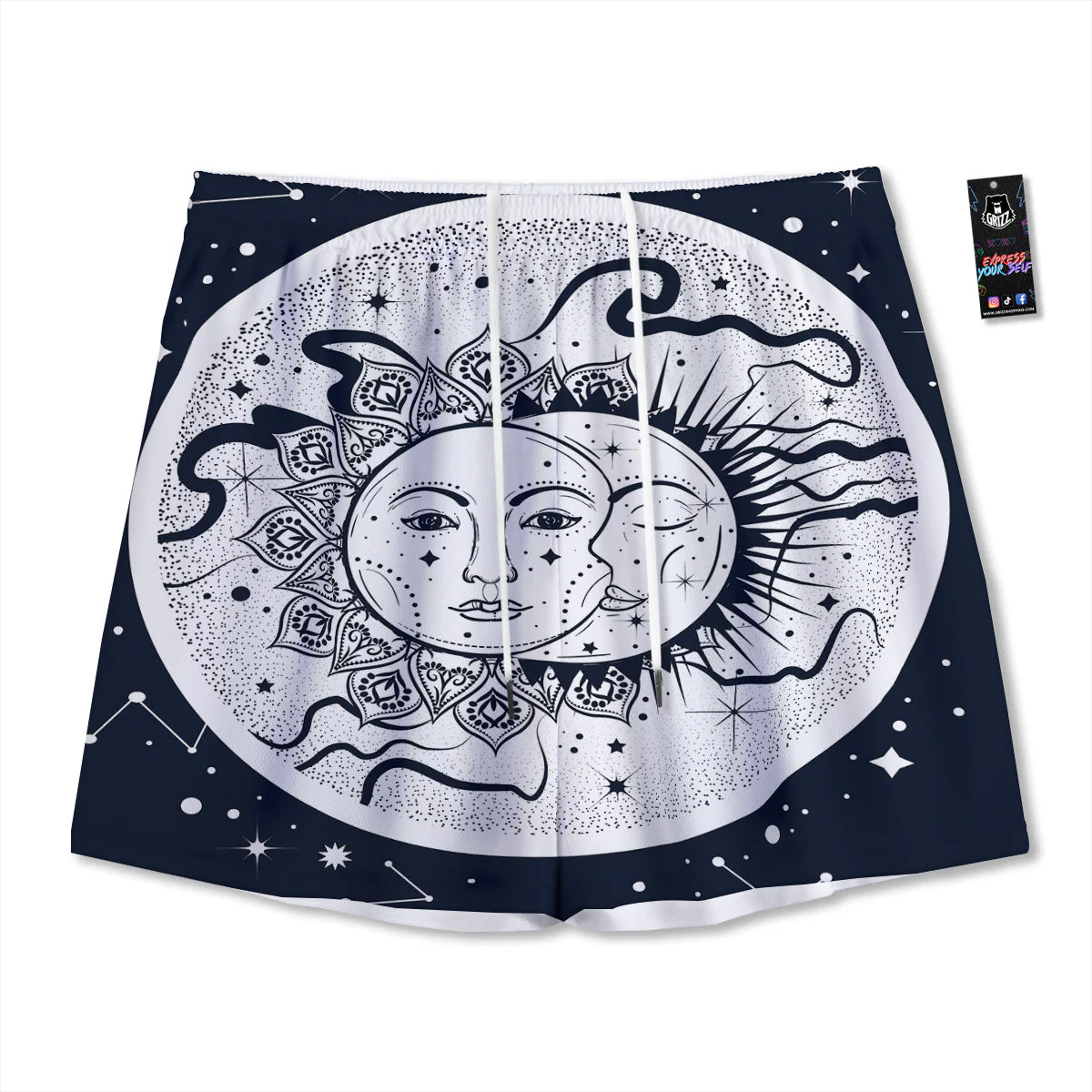 Sun And Moon Bohemian Celestial Print Mesh Shorts
