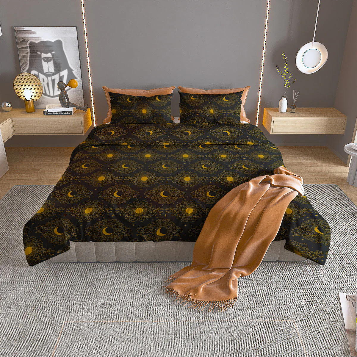 Sun And Vintage Moon Print Pattern Duvet Cover Bedding Set