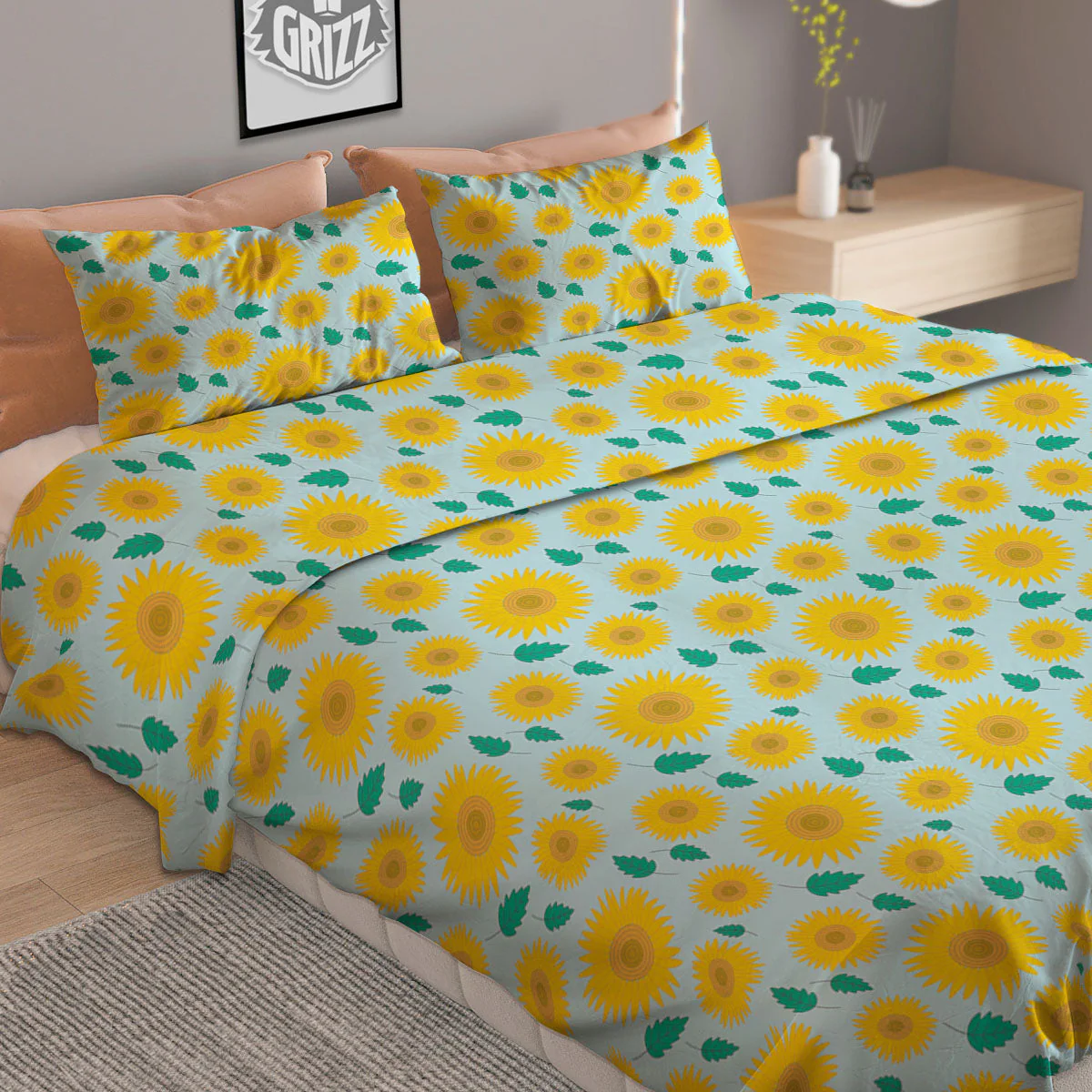 Sunflower Blue Cute Print Pattern Duvet Cover Bedding Set - Image 2