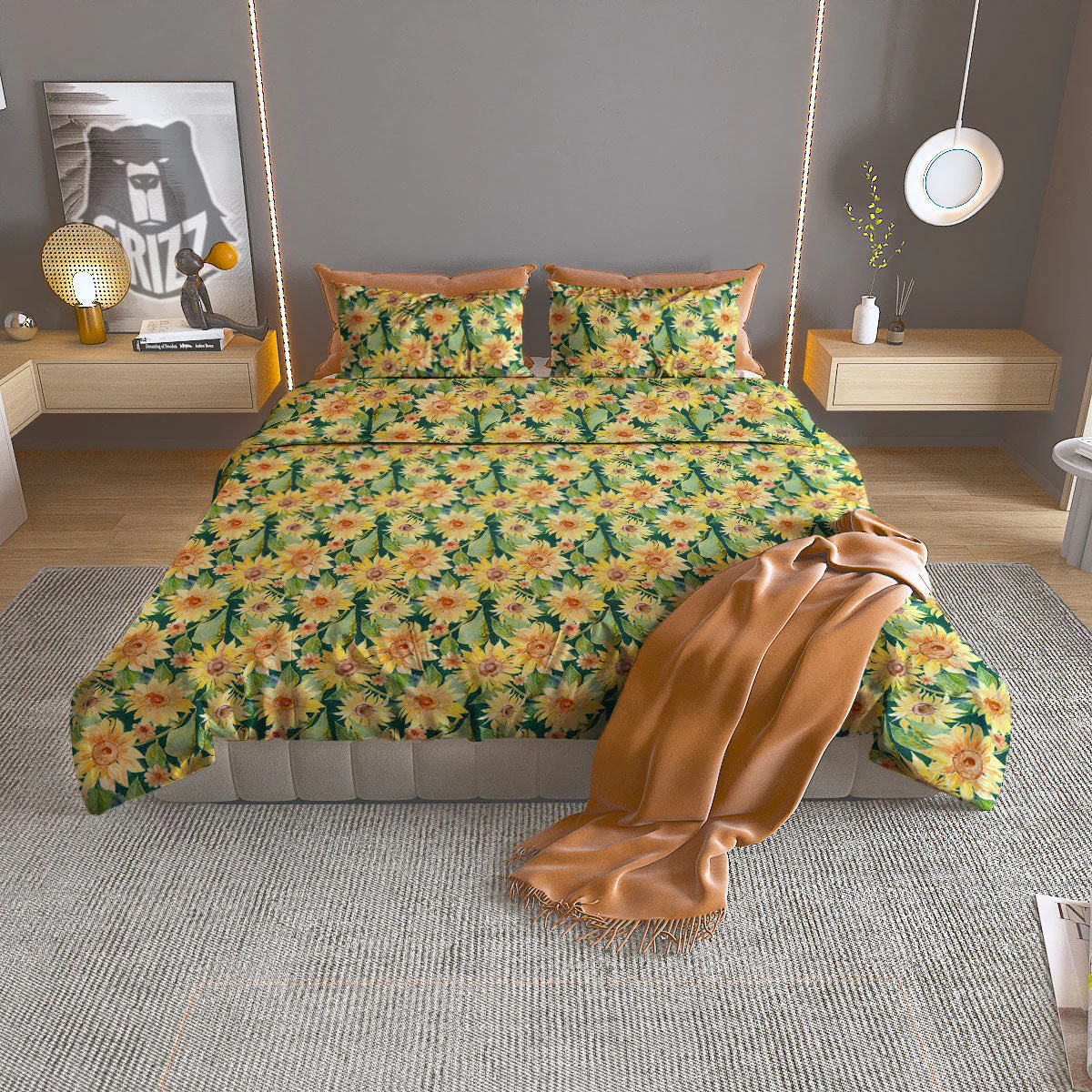 Sunflower Green Watercolor Print Pattern Duvet Cover Bedding Set