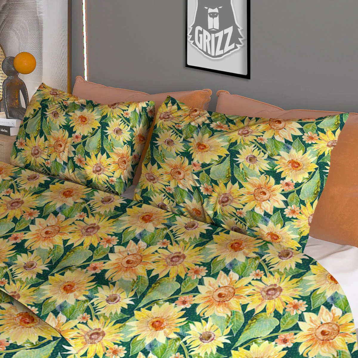 Sunflower Green Watercolor Print Pattern Duvet Cover Bedding Set - Image 3