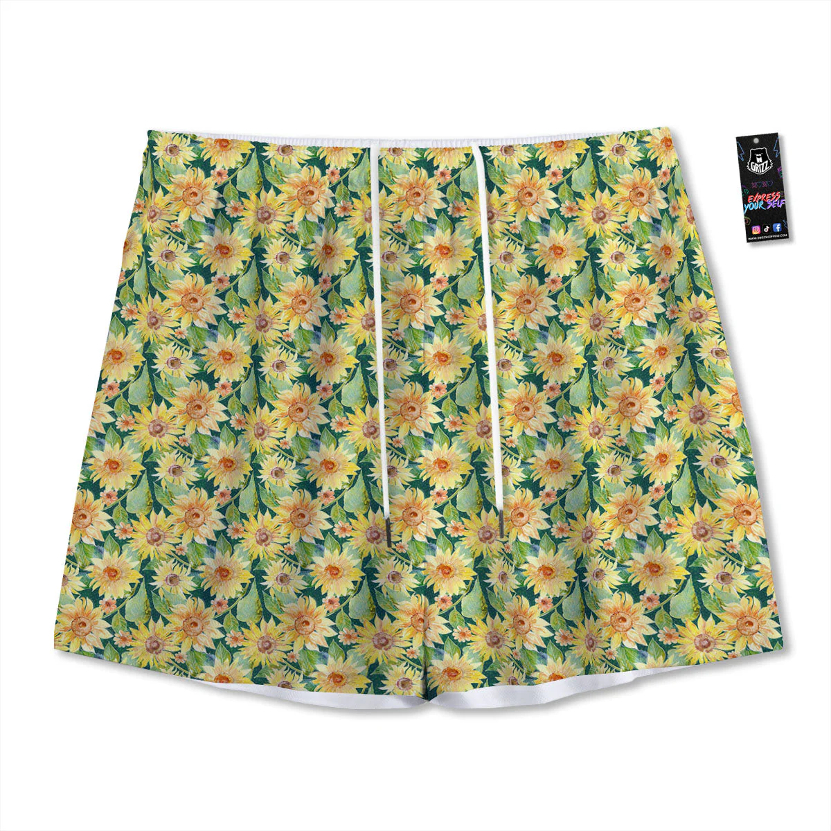 Sunflower Green Watercolor Print Pattern Mesh Shorts