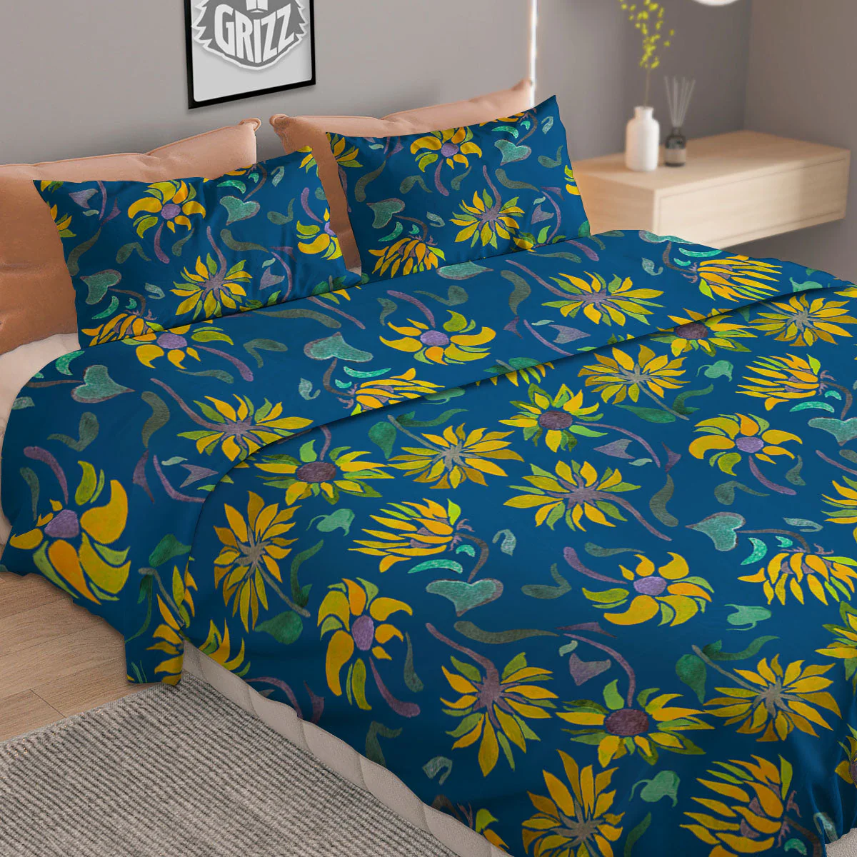 Sunflower Navy Print Pattern Duvet Cover Bedding Set - Image 2