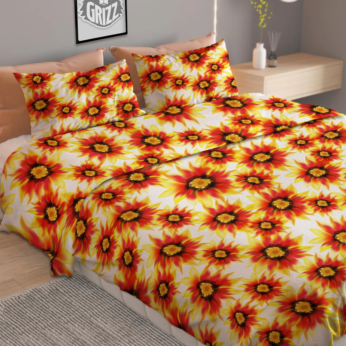 Sunflower Red Autumn Print Pattern Duvet Cover Bedding Set - Image 2