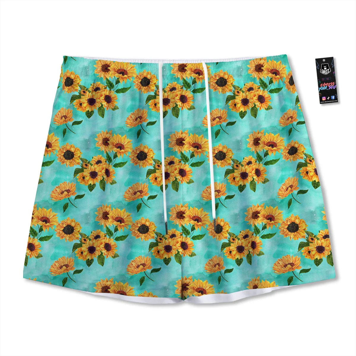Sunflower Teal Watercolor Print Pattern Mesh Shorts