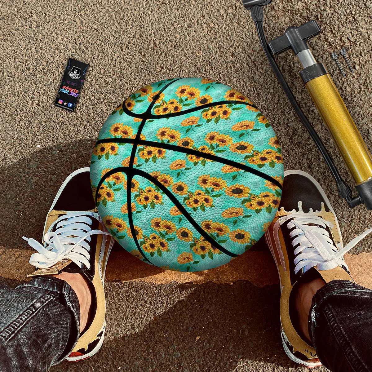 Sunflower Watercolor Blue Print Pattern Basketball - Image 3