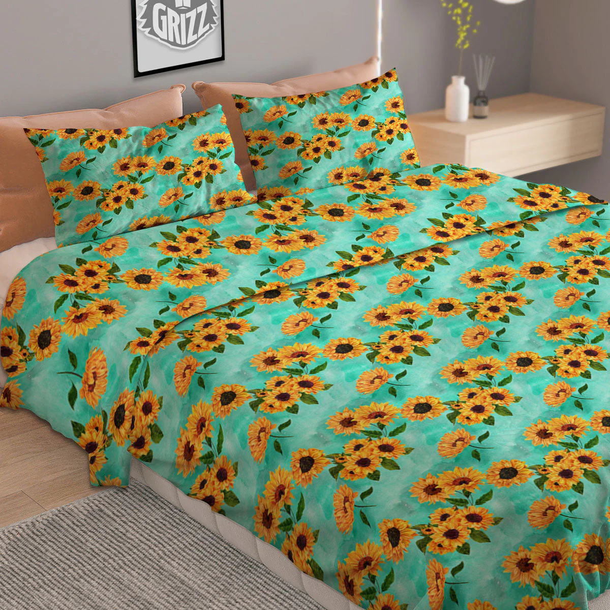 Sunflower Watercolor Blue Print Pattern Duvet Cover Bedding Set - Image 2