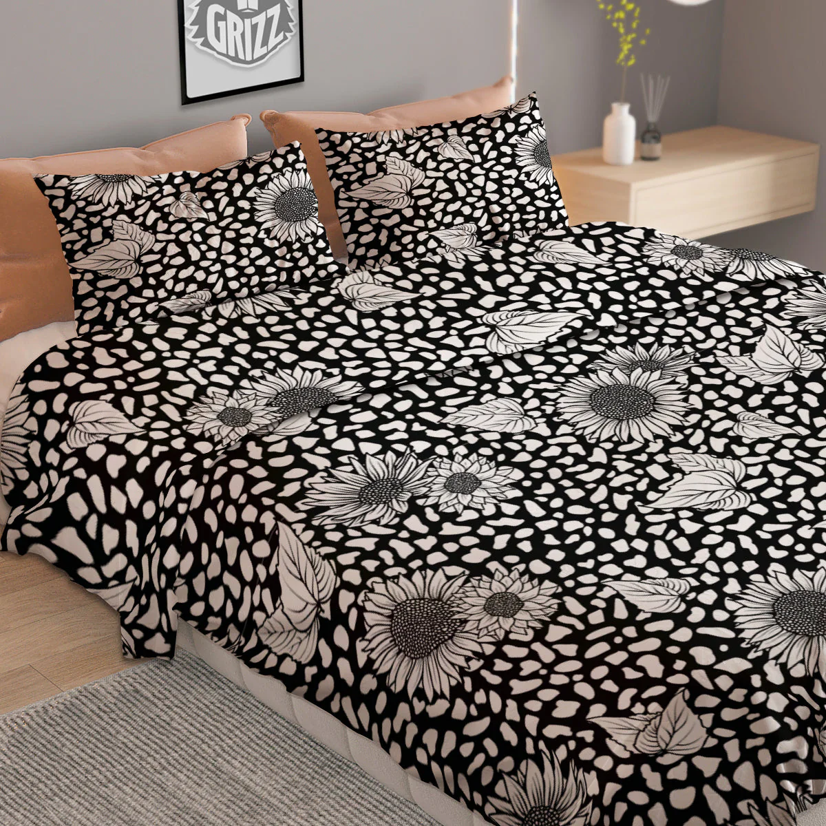Sunflower White And Black Print Pattern Duvet Cover Bedding Set - Image 2