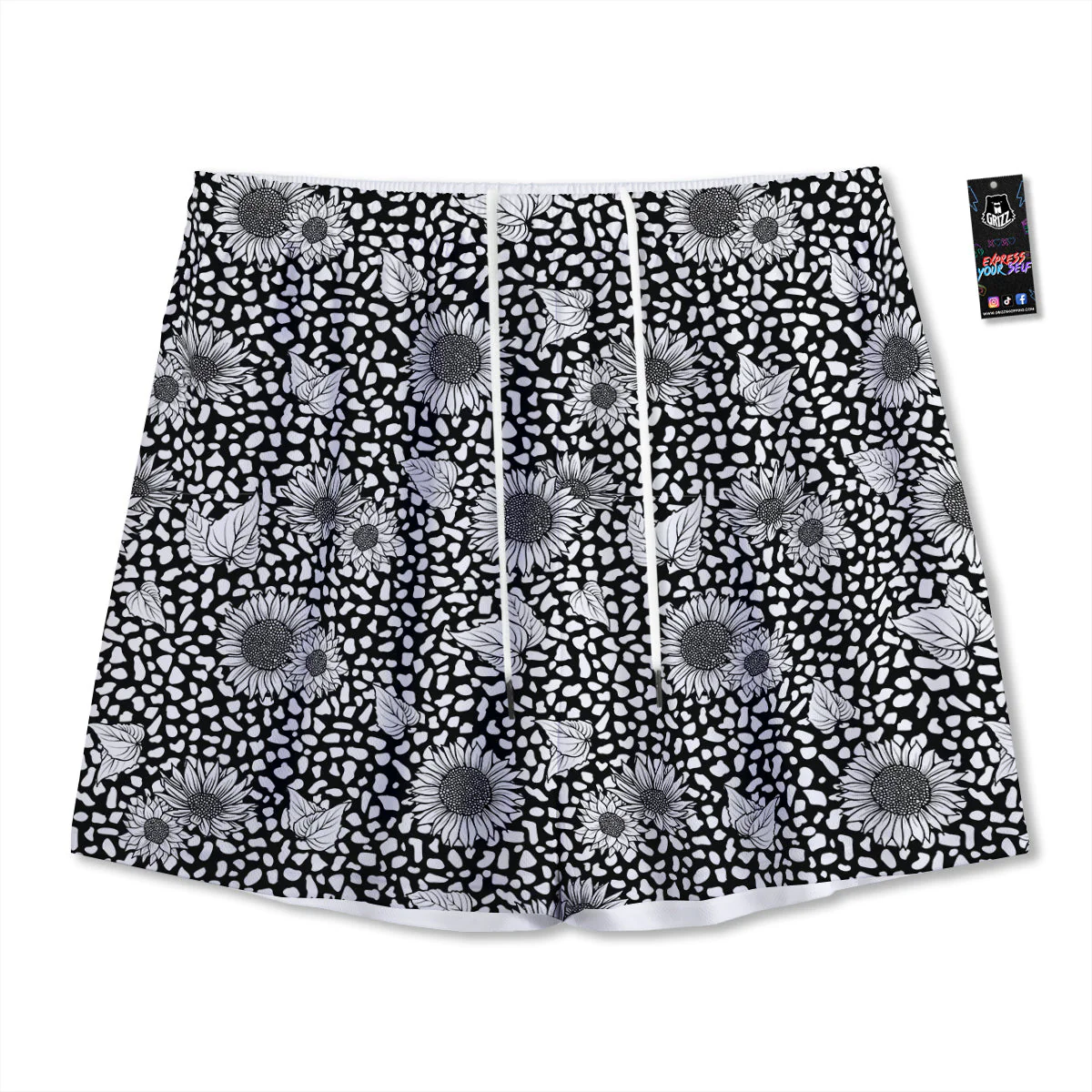 Sunflower White And Black Print Pattern Mesh Shorts