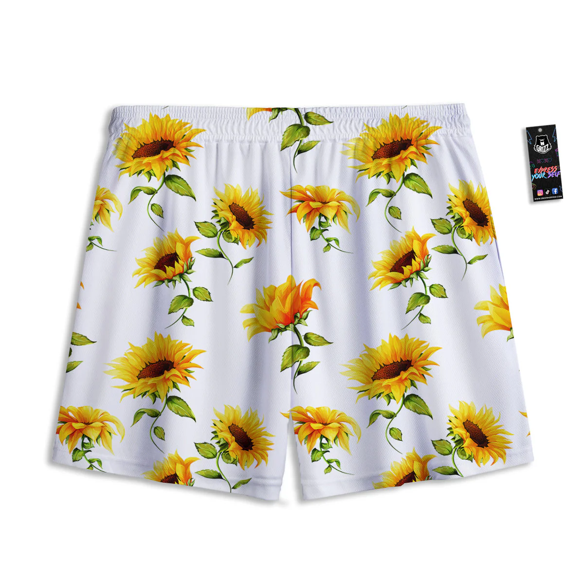 Sunflower White Watercolor Print Pattern Mesh Shorts - Image 2