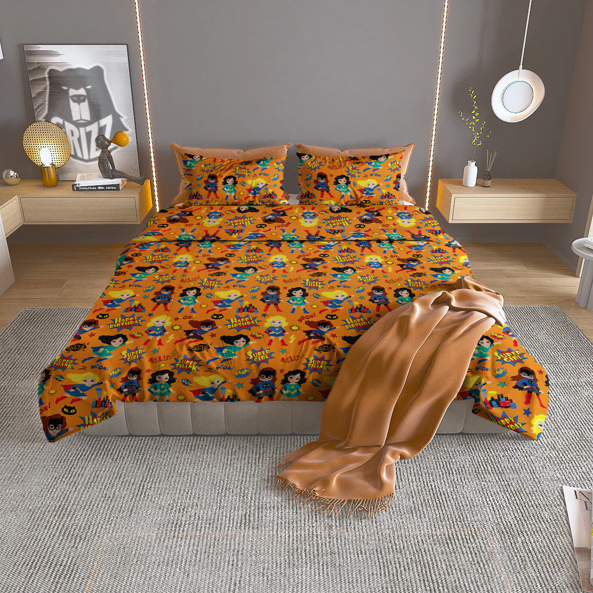 Superhero Girls Print Pattern Duvet Cover Bedding Set