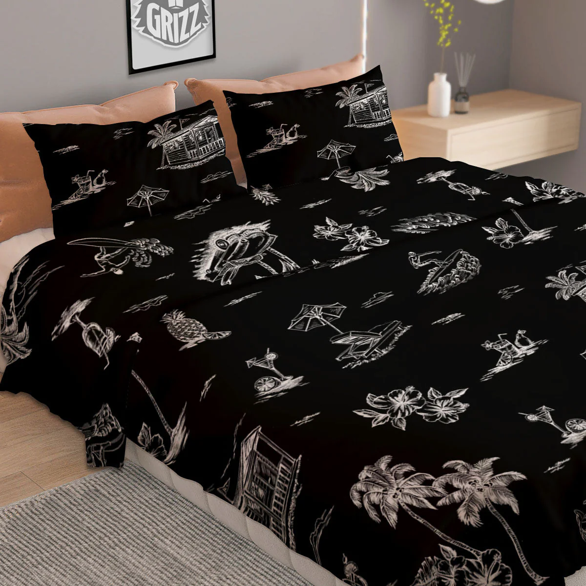 Surfing Black White Print Pattern Duvet Cover Bedding Set - Image 2