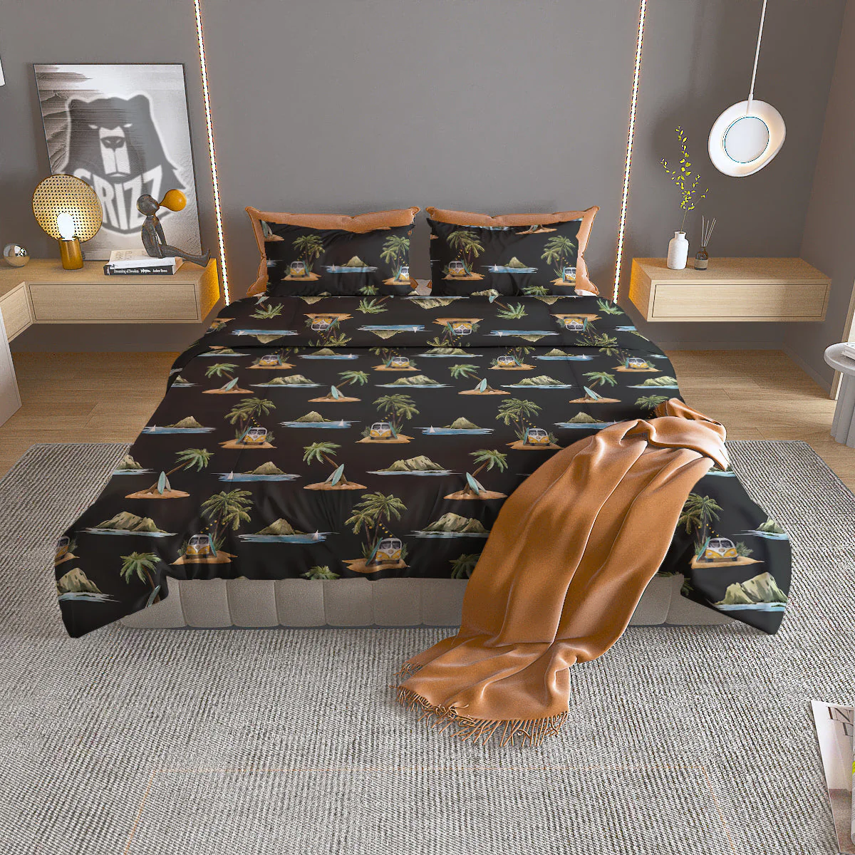 Surfing Watercolor Print Pattern Duvet Cover Bedding Set