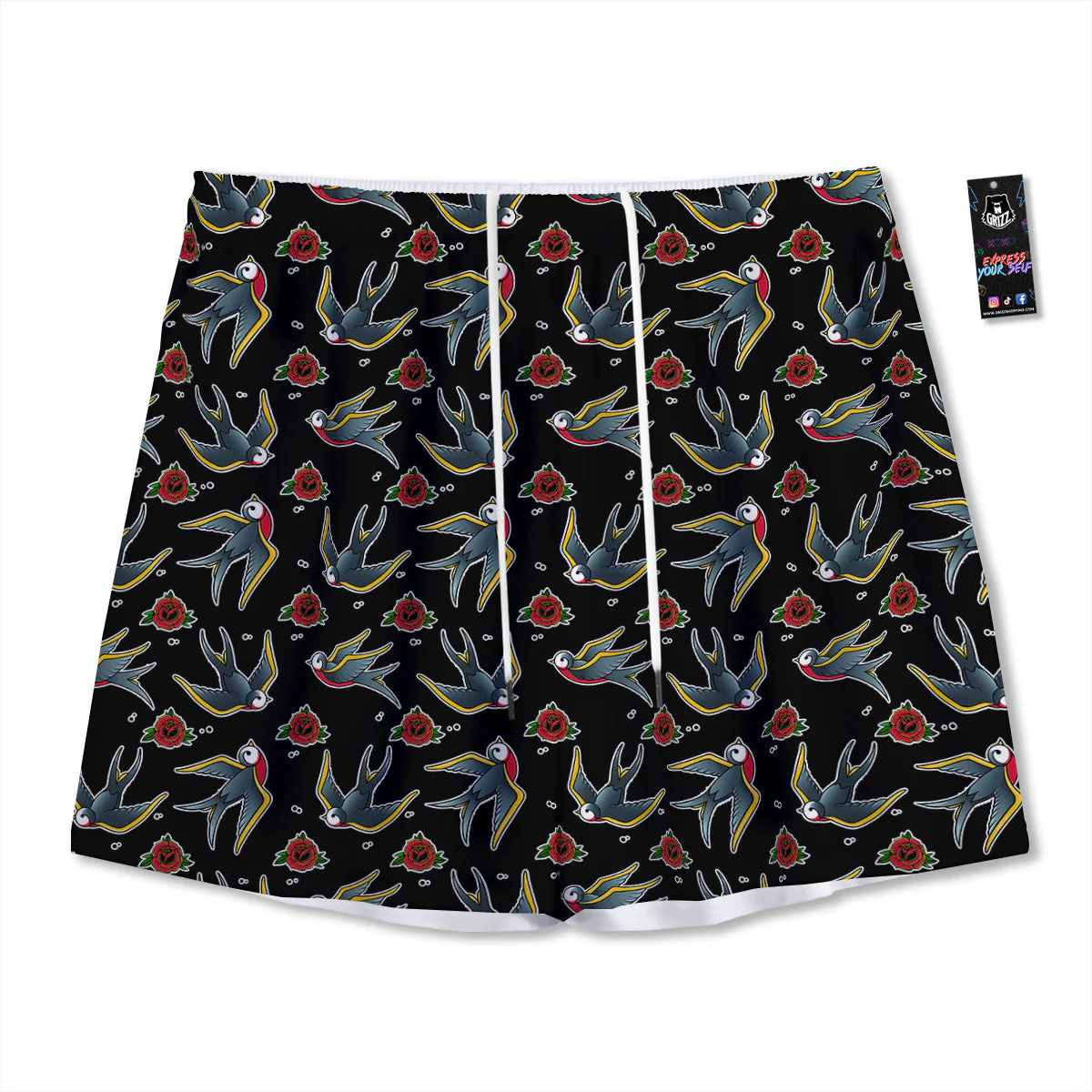 Swallows And Roses Tattoo Print Pattern Mesh Shorts