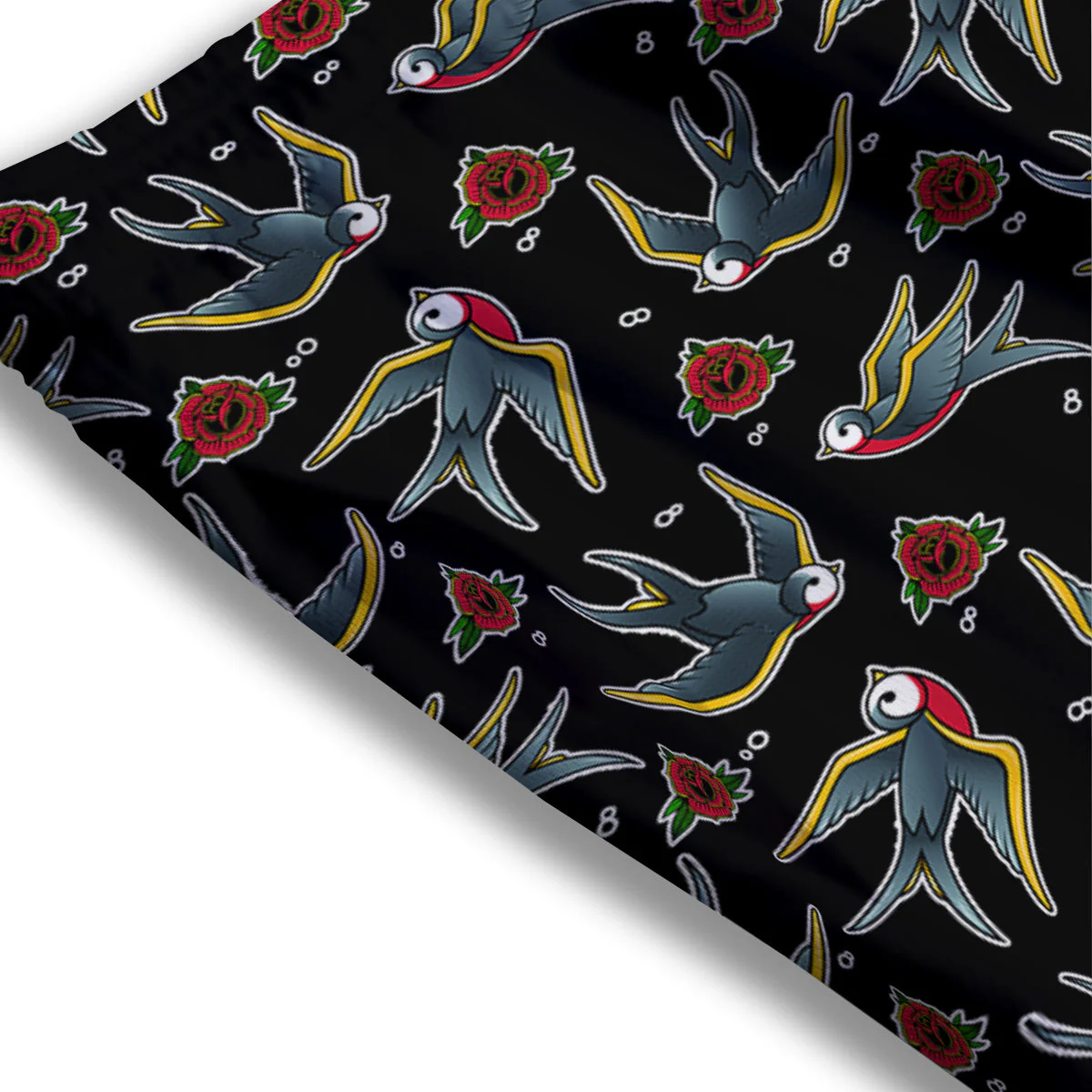 Swallows And Roses Tattoo Print Pattern Mesh Shorts - Image 3