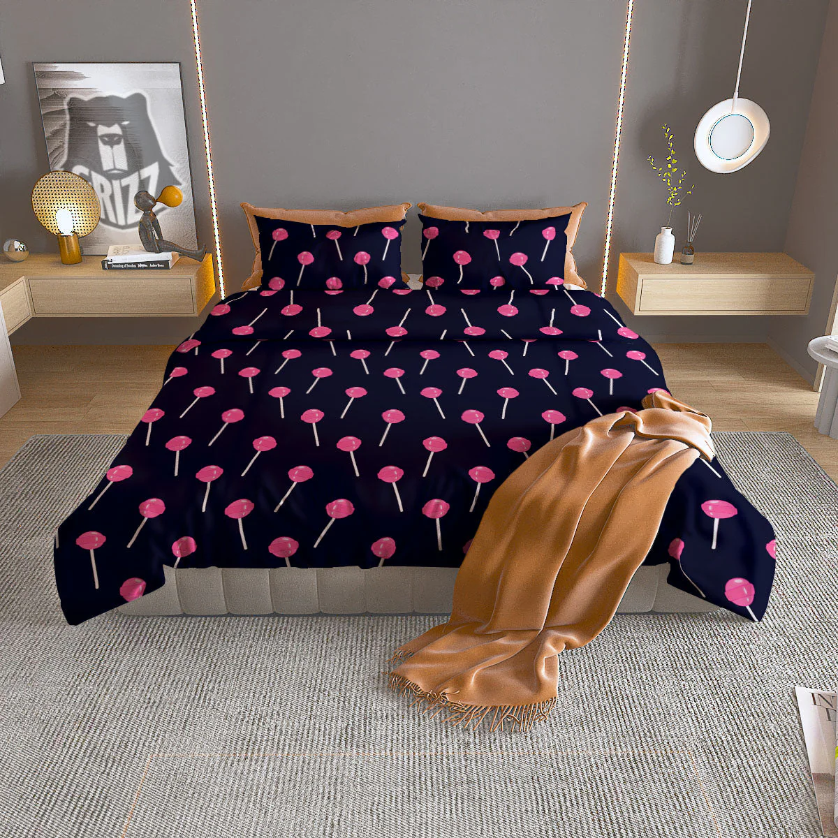 Sweet Pink Lollipop Print Pattern Duvet Cover Bedding Set