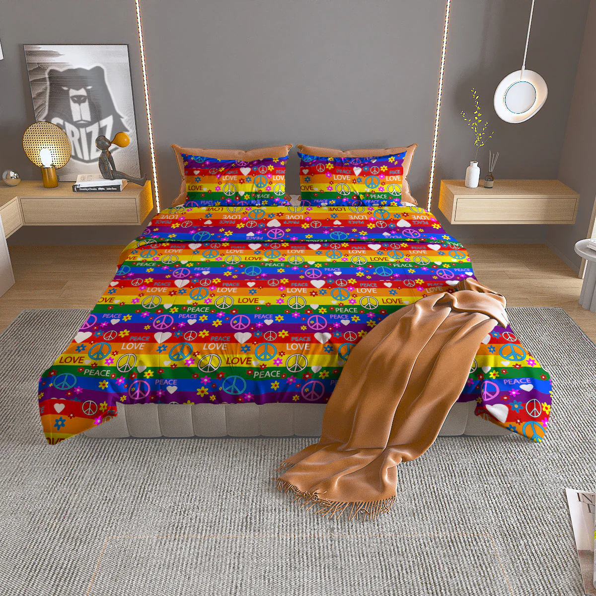 Symbols Of The Hippie And Rainbow Print Duvet Cover Bedding Set