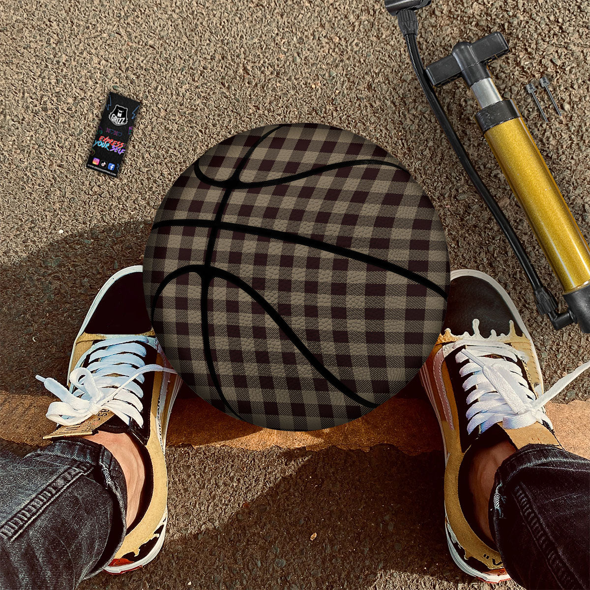 Tan Dark And Black Check Print Pattern Basketball - Image 2