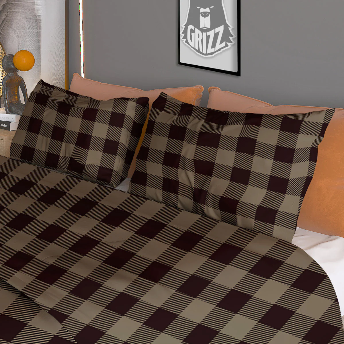 Tan Dark And Black Check Print Pattern Duvet Cover Bedding Set - Image 3