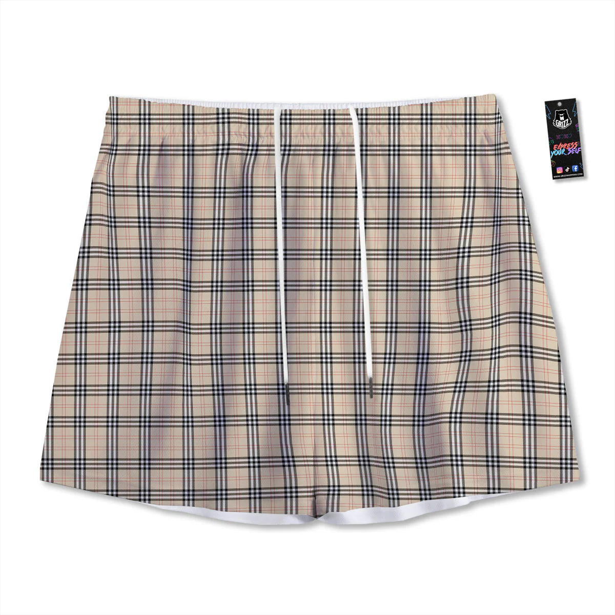 Tartan Beige Print Pattern Mesh Shorts
