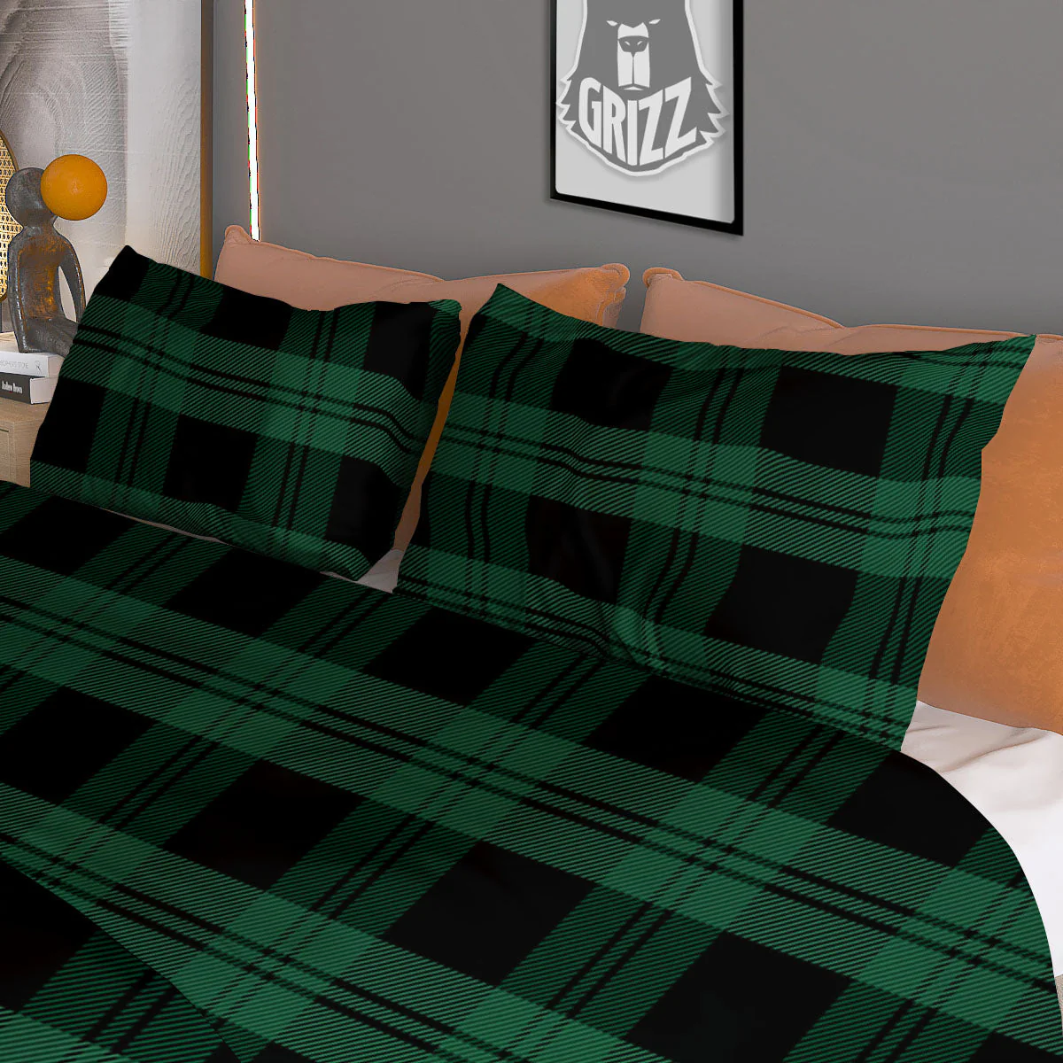 Tartan Black And Green Print Pattern Duvet Cover Bedding Set - Image 3