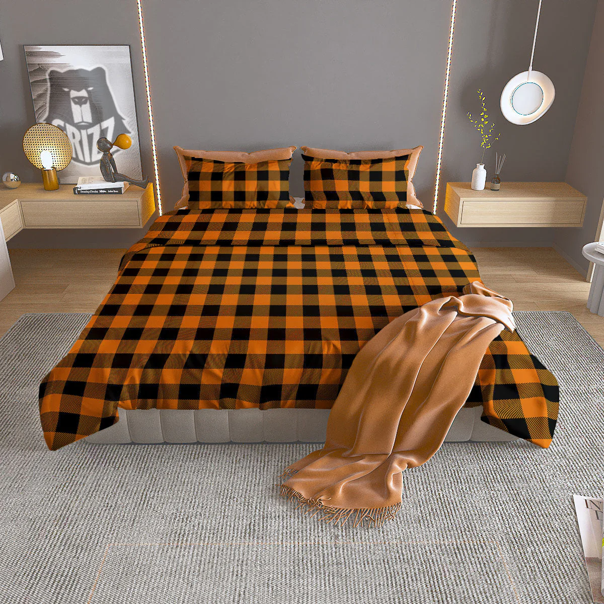 Tartan Black And Orange Print Pattern Duvet Cover Bedding Set