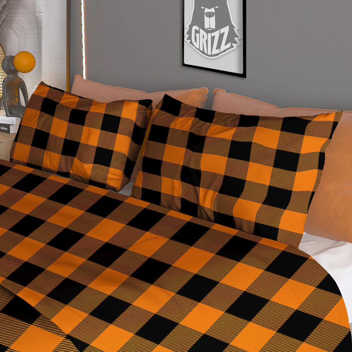 Tartan Black And Orange Print Pattern Duvet Cover Bedding Set - Image 3