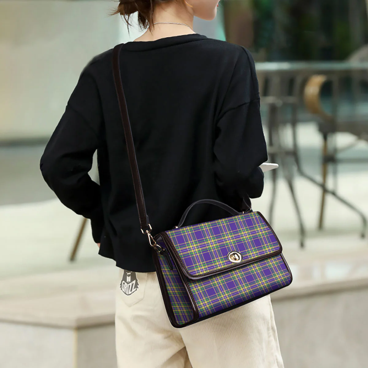 Tartan Plaid Mardi Gras Print Pattern Women's Satchel Bag - Image 3