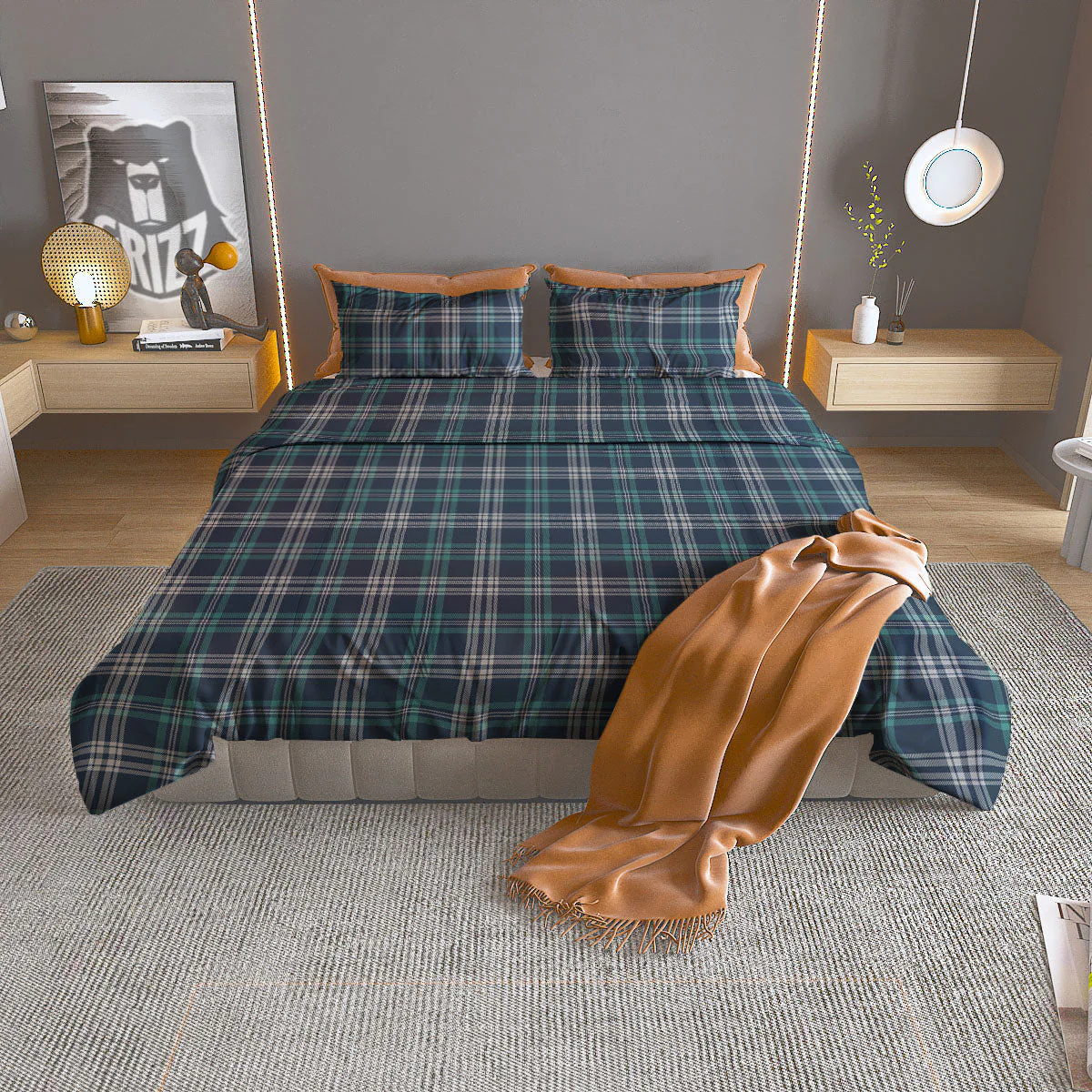 Tartan Teal And Blue Print Pattern Duvet Cover Bedding Set
