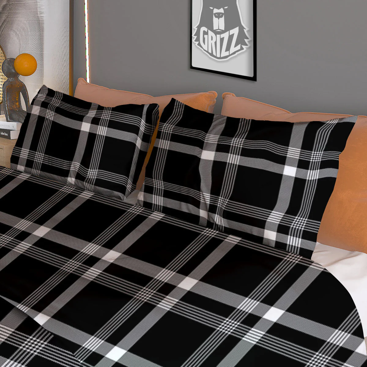 Tartan White And Black Print Pattern Duvet Cover Bedding Set - Image 3