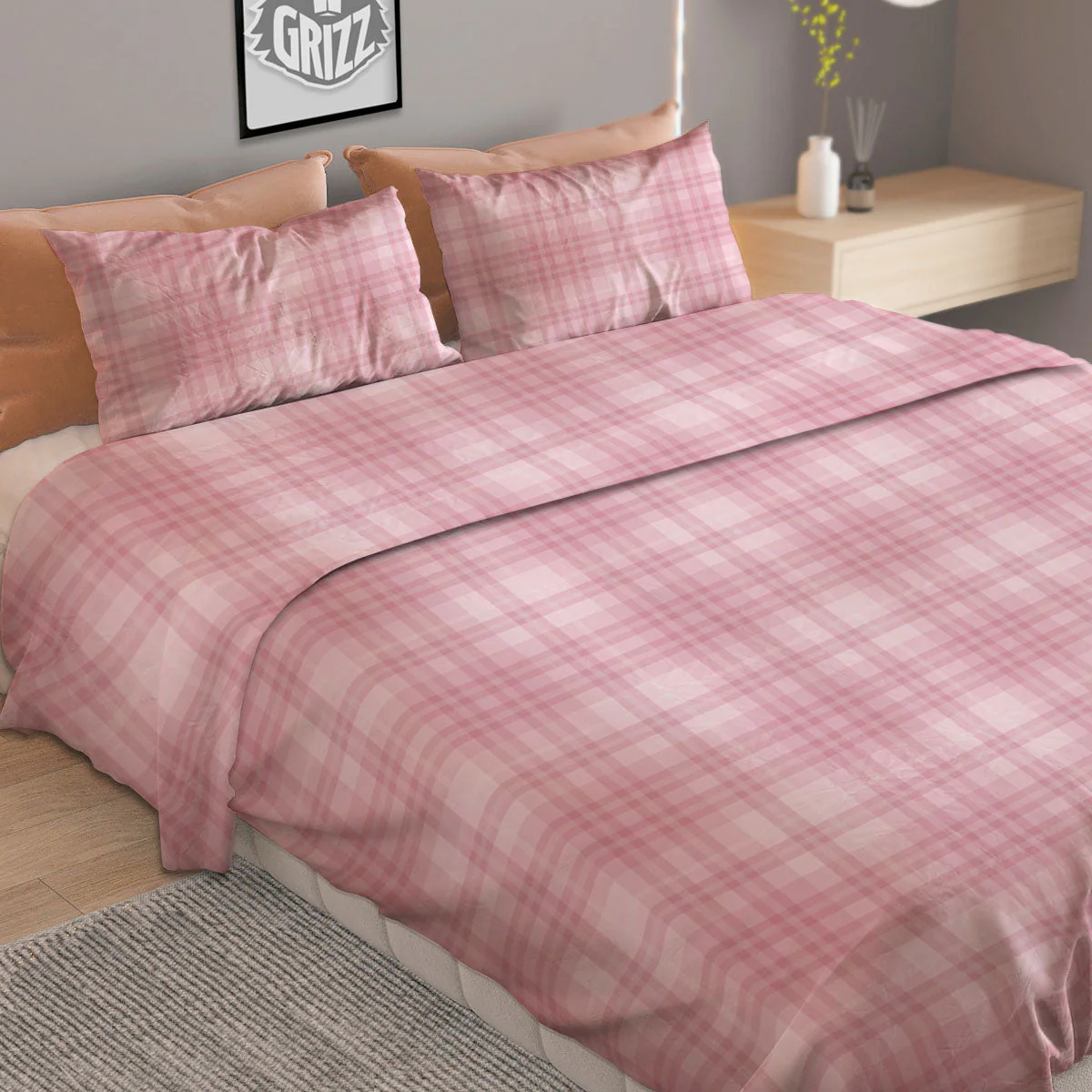 Tartan White And Pink Print Pattern Duvet Cover Bedding Set - Image 2